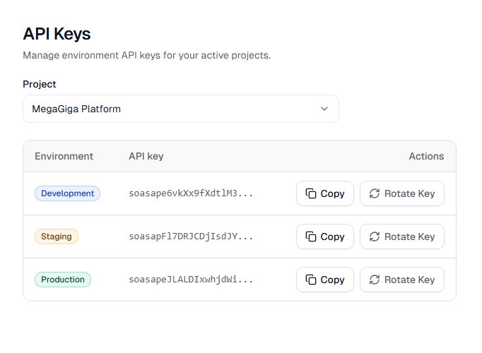 SOASAP API keys page with environment keys and copy controls