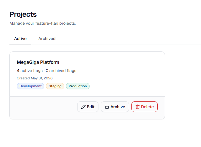 SOASAP projects page with MegaGiga Platform and Development, Staging, and Production environments